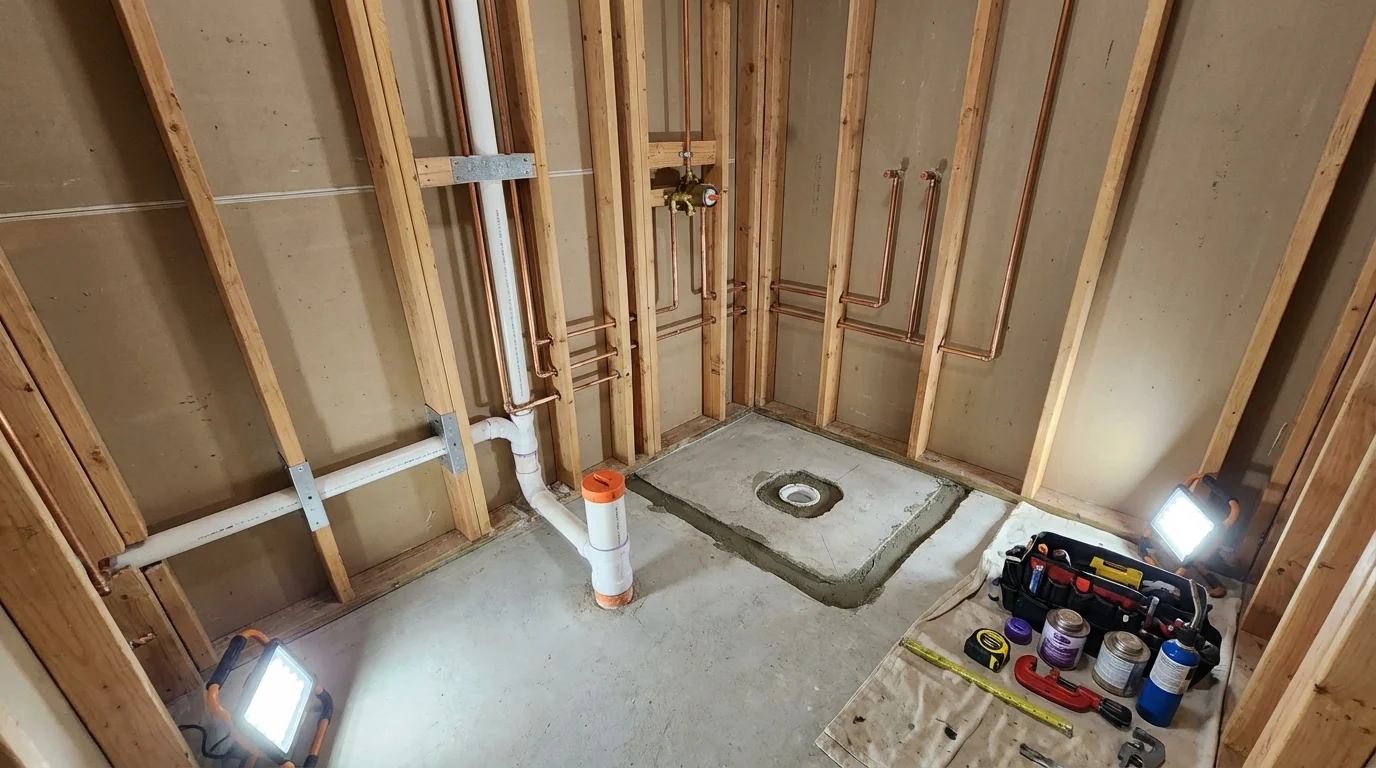 Bathroom rough-in plumbing during remodel by Johns Plumbing LLC in Port Orchard