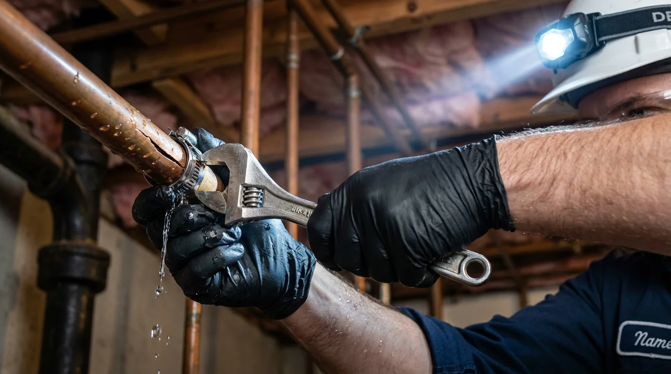Emergency pipe clamp repair being performed by a Johns Plumbing LLC plumber in Port Orchard
