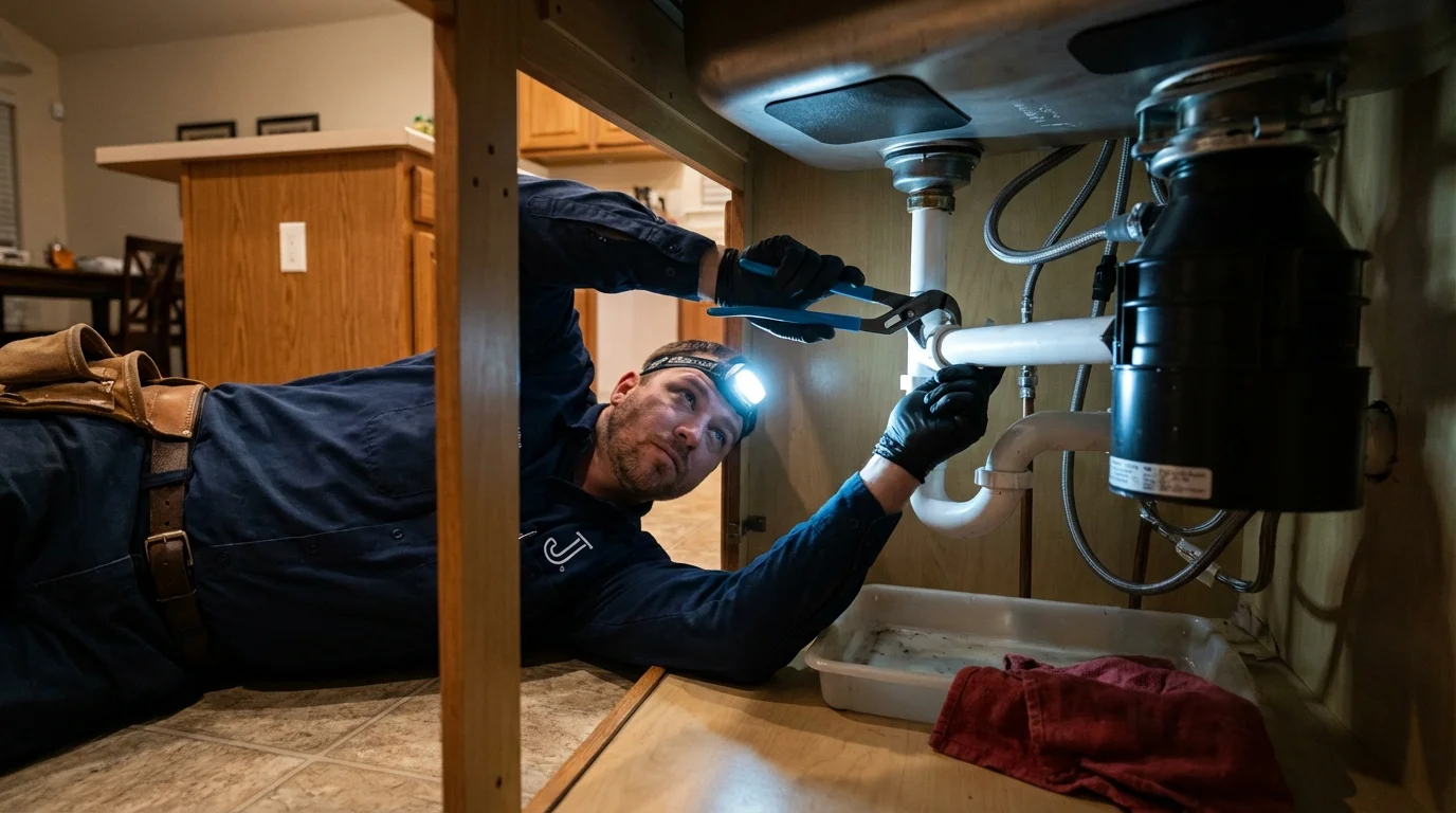 P-trap and supply line connections under a kitchen sink showing a common leak point in Port Orchard, WA
